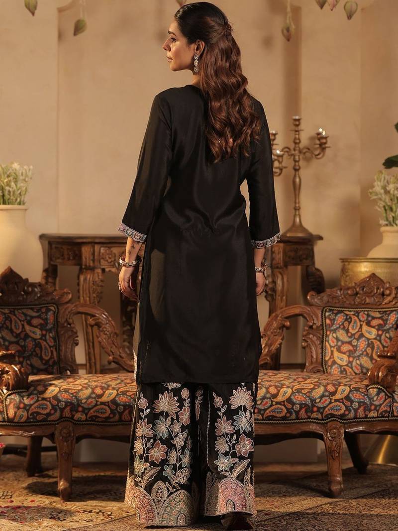 Ethnic Motifs Embroidered Thread Work Kurta With Sharara & Dupatta