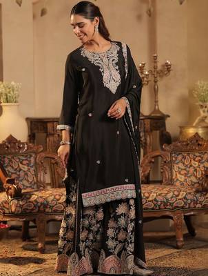 Ethnic Motifs Embroidered Thread Work Kurta With Sharara & Dupatta 6
