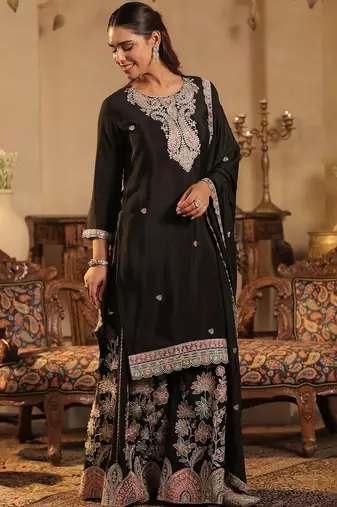 Ethnic Motifs Embroidered Thread Work Kurta With Sharara & Dupatta