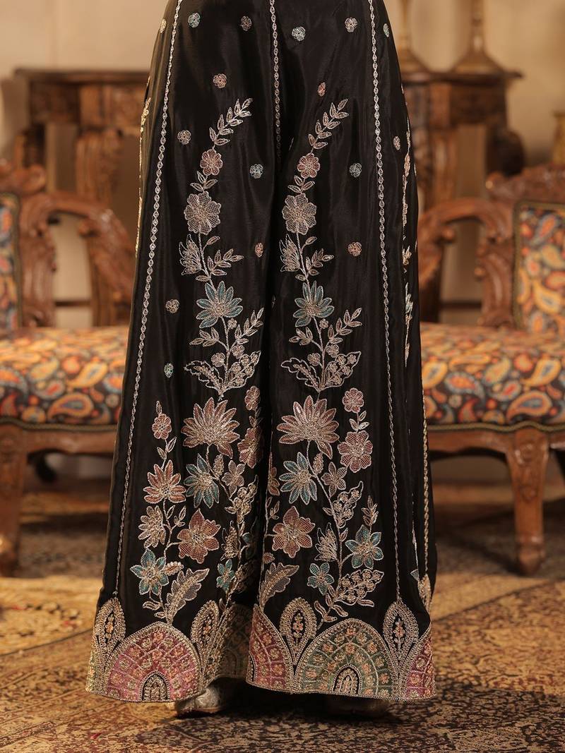 Ethnic Motifs Embroidered Thread Work Kurta With Sharara & Dupatta