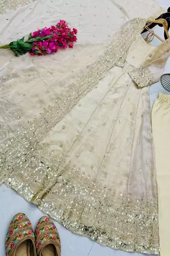 Off white fendy silk embroidered stitched kurta set