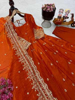 Orange fendy silk embroidered stitched kurta set 2