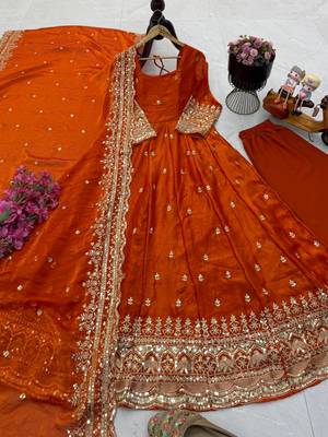 Orange fendy silk embroidered stitched kurta set 3