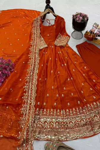 orange fendy silk embroidered stitched kurta set