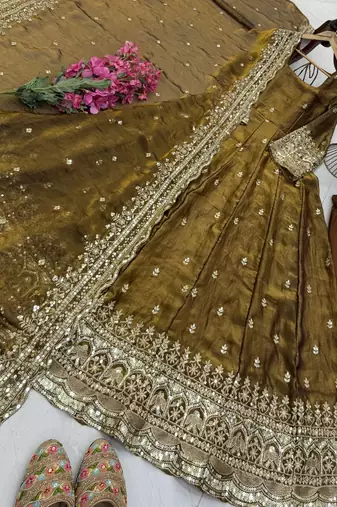 gold fendy silk embroidered stitched kurta set