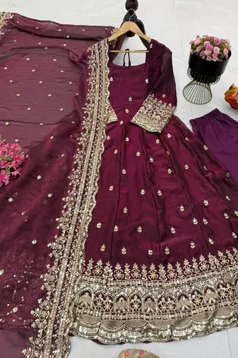 wine fendy silk embroidered stitched kurta set