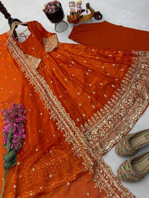Orange fendy silk embroidered stitched kurta set 4