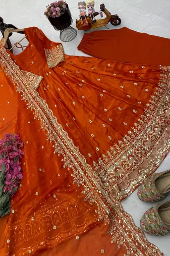 orange fendy silk embroidered stitched kurta set