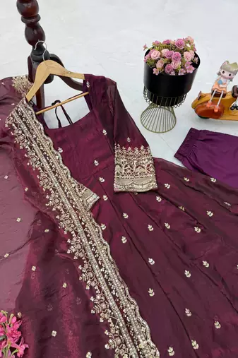wine fendy silk embroidered stitched kurta set