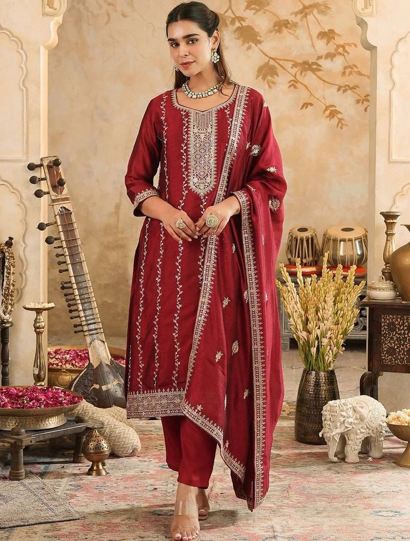 Women Ethnic Motifs Embroidered Regular Sequinned Kurta Set With Dupatta