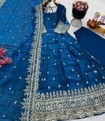 Blue fendy silk embroidered stitched kurta set