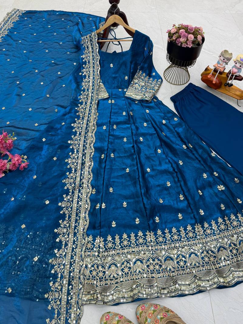 Blue fendy silk embroidered stitched kurta set