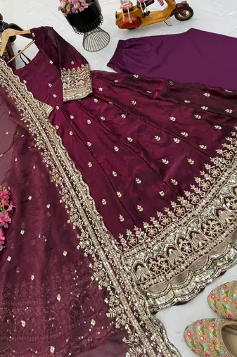 wine fendy silk embroidered stitched kurta set