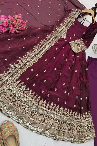 wine fendy silk embroidered stitched kurta set