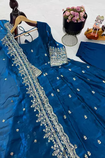 blue fendy silk embroidered stitched kurta set