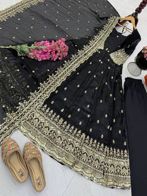 Black fendy silk embroidered stitched kurta set 1
