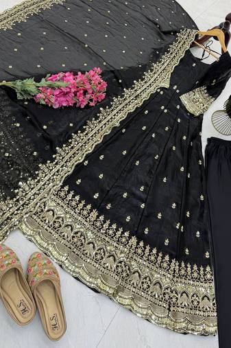 black fendy silk embroidered stitched kurta set