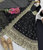 Black fendy silk embroidered stitched kurta set