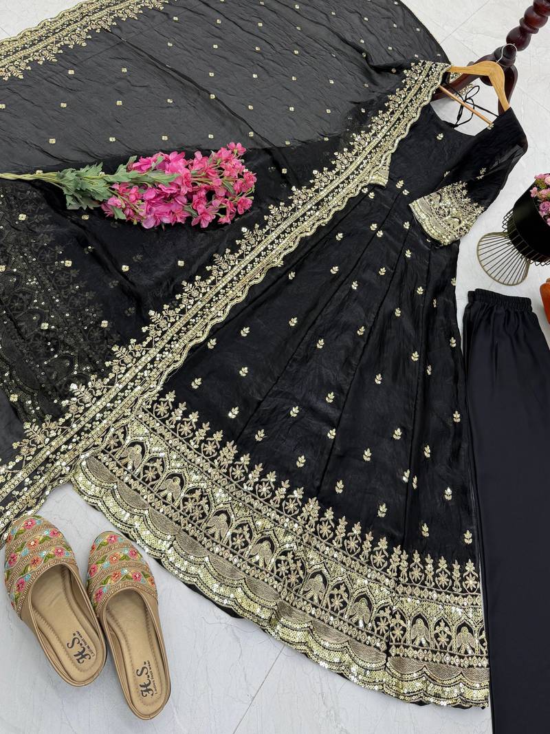 Black fendy silk embroidered stitched kurta set