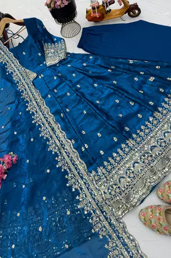 blue fendy silk embroidered stitched kurta set