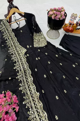 black fendy silk embroidered stitched kurta set