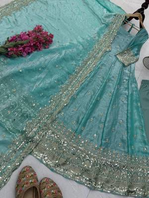 Sea green fendy silk embroidered stitched kurta set 1
