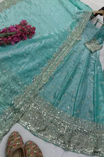 sea green fendy silk embroidered stitched kurta set