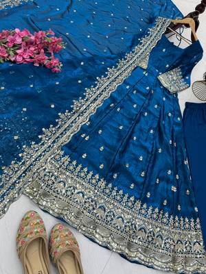 Blue fendy silk embroidered stitched kurta set 4