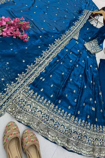 blue fendy silk embroidered stitched kurta set