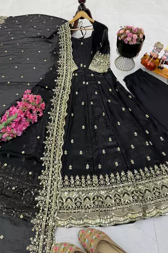 black fendy silk embroidered stitched kurta set