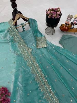 Sea green fendy silk embroidered stitched kurta set 2