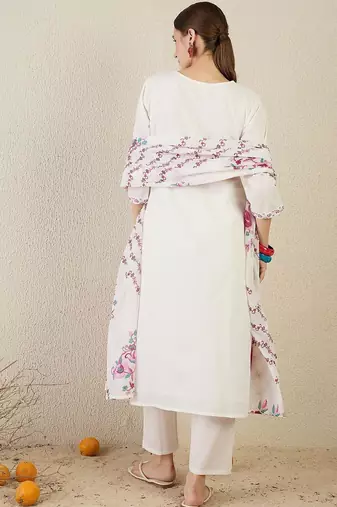 Ethnic Motifs Embroidered Thread Work Pure Cotton Kurta With Trouser & Dupatta