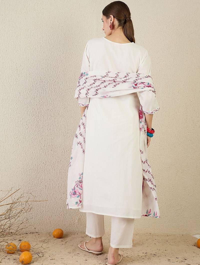 Ethnic Motifs Embroidered Thread Work Pure Cotton Kurta With Trouser & Dupatta