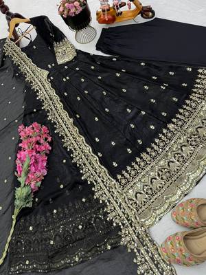 Black fendy silk embroidered stitched kurta set 4
