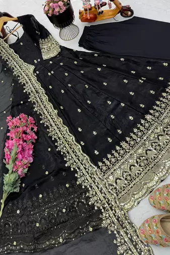 black fendy silk embroidered stitched kurta set
