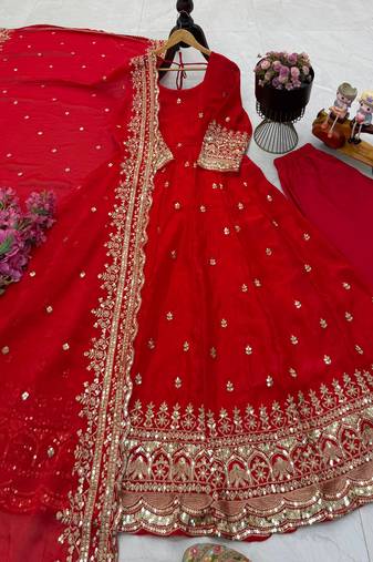 Red fendy silk embroidered stitched kurta set