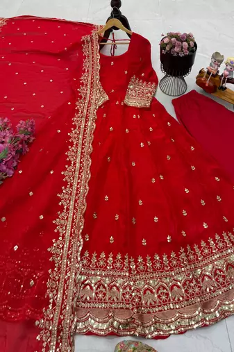 red fendy silk embroidered stitched kurta set