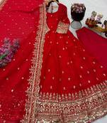 Red fendy silk embroidered stitched kurta set