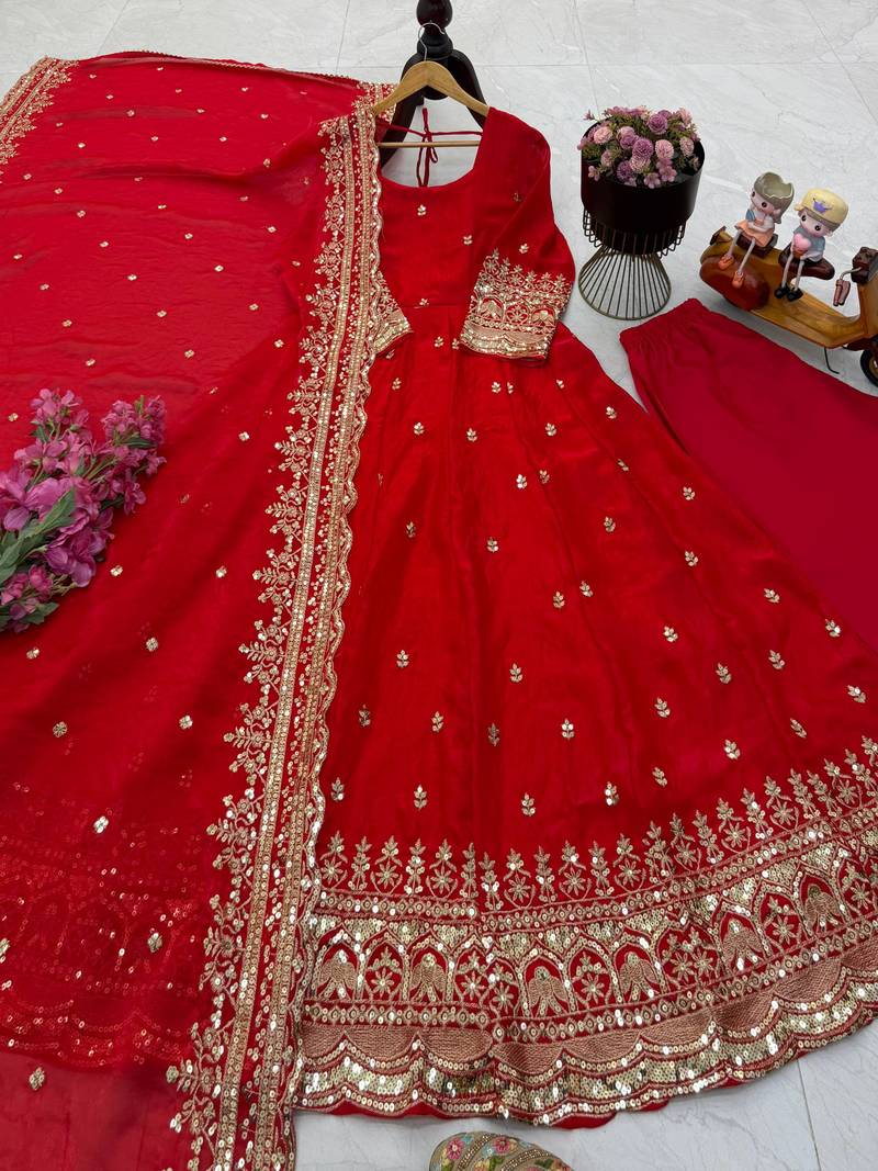 Red fendy silk embroidered stitched kurta set