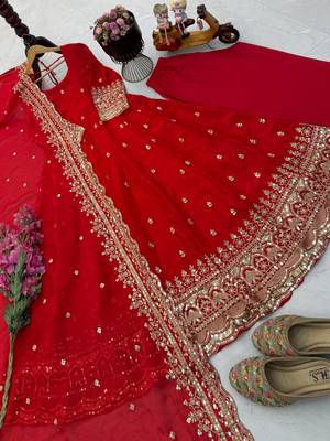 Red fendy silk embroidered stitched kurta set 2