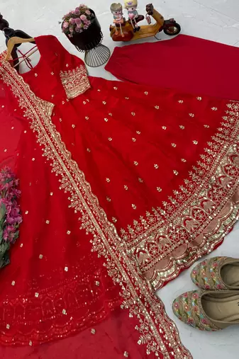 red fendy silk embroidered stitched kurta set