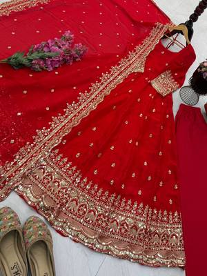 Red fendy silk embroidered stitched kurta set 3