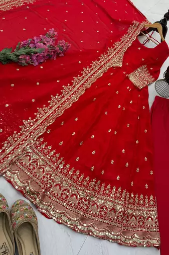 red fendy silk embroidered stitched kurta set