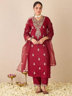 Ethnic Motifs Embroidered V-Neck Zari Straight Kurta With Trousers & Dupatta 1