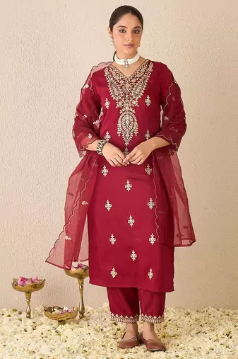 Ethnic Motifs Embroidered V-Neck Zari Straight Kurta With Trousers & Dupatta