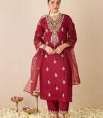 Ethnic Motifs Embroidered V-Neck Zari Straight Kurta With Trousers & Dupatta