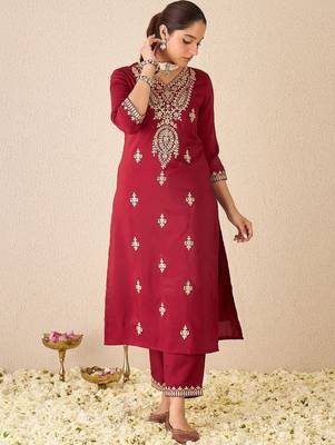 Ethnic Motifs Embroidered V-Neck Zari Straight Kurta With Trousers & Dupatta 6