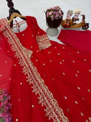 Red fendy silk embroidered stitched kurta set 4