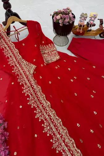 red fendy silk embroidered stitched kurta set