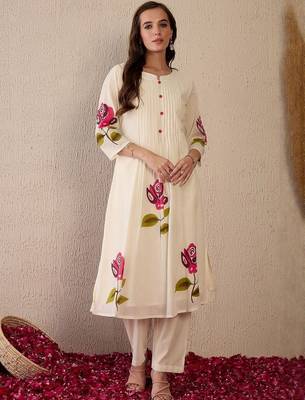Women Floral Printed Round Neck Pure Cotton Pleated Kurta with Trousers 2